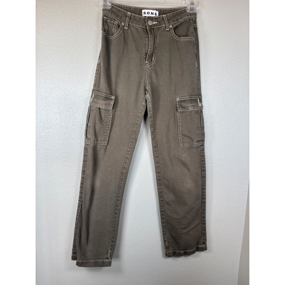S.O.N.G. Juniors 1/25 Olive Brown Contrast Stitch Cargo Straight‎ Leg Pants